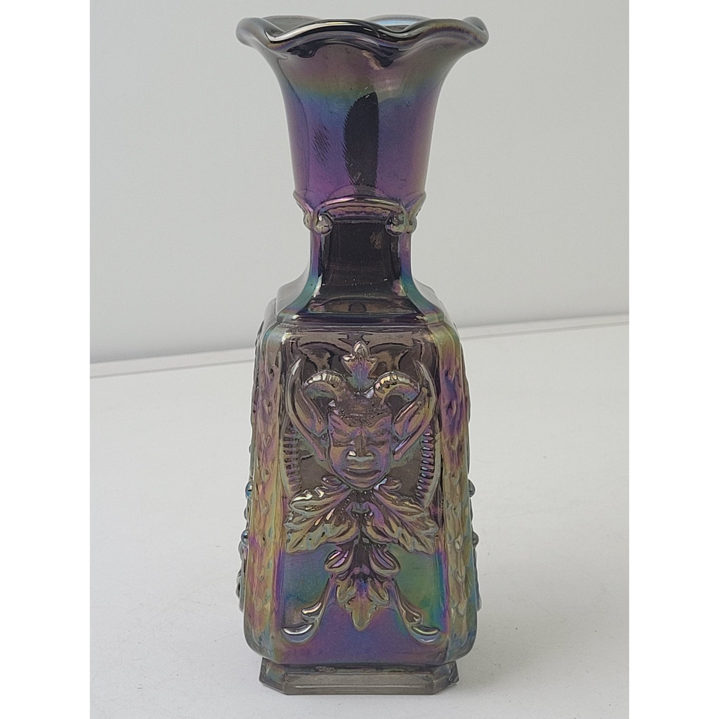 Vintage Amethyst Carnival Glass Jester & Rose Pattern Square Vase EUC