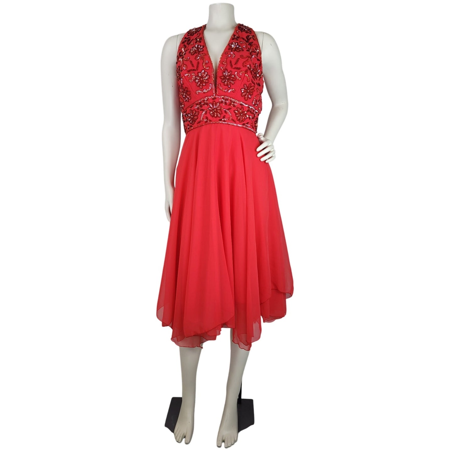 1960s Designer Jack Bryan Beaded Red Cocktail Dress 26" Waist