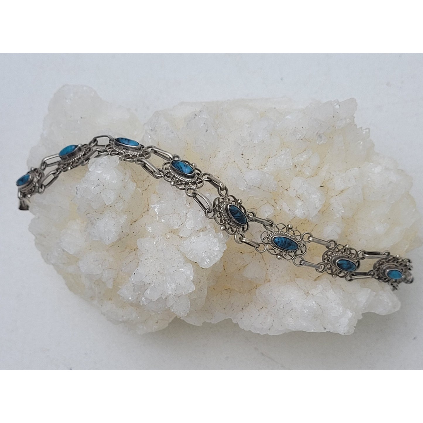 Vintage Sterling Silver Bracelet Intricate Filigree & Turquoise Stones | Mexico
