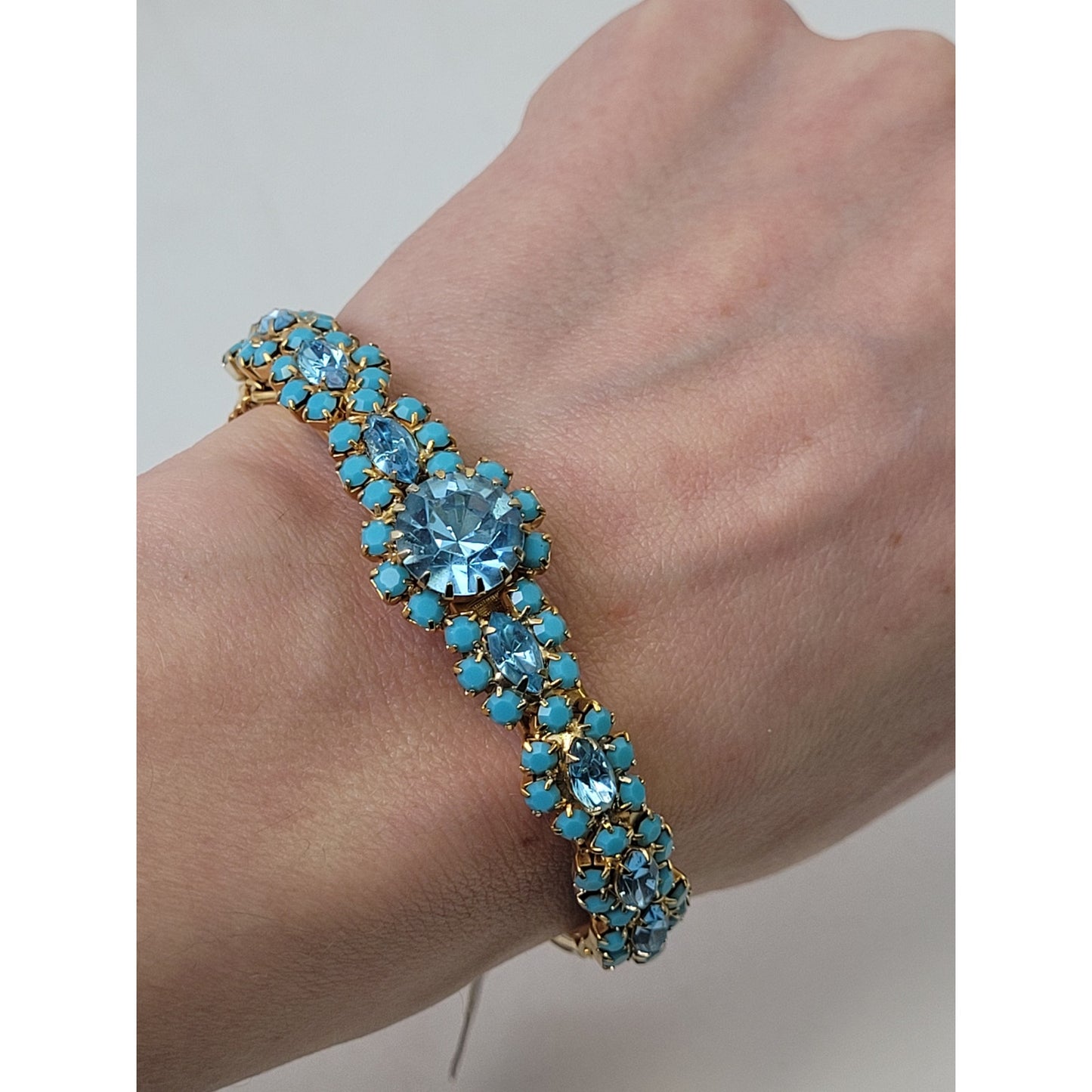 Vintage Blue Rhinestone and Gold-tone Metal Bracelet & Earrings Set