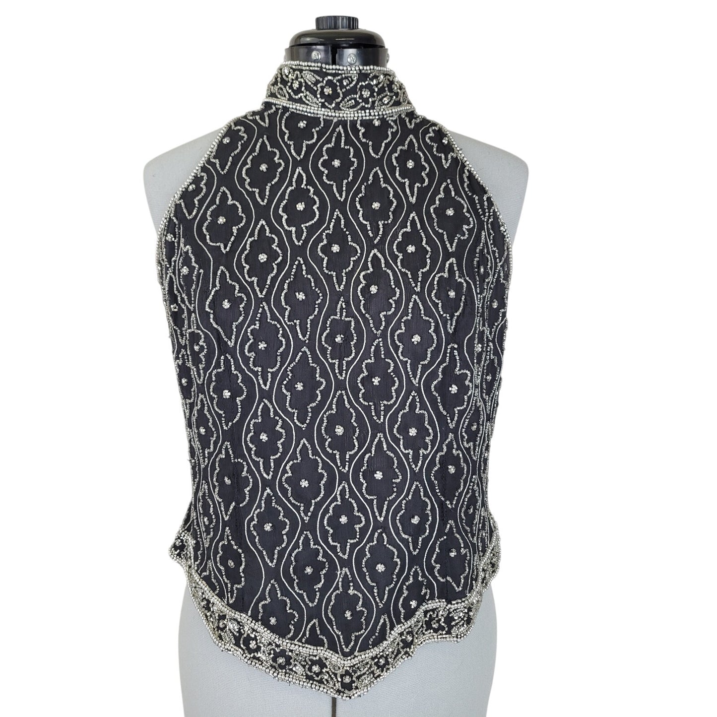 Vintage 1990s Marina Silk w Silver Beads Great Gatsby Sleeveless Blouse Sz S
