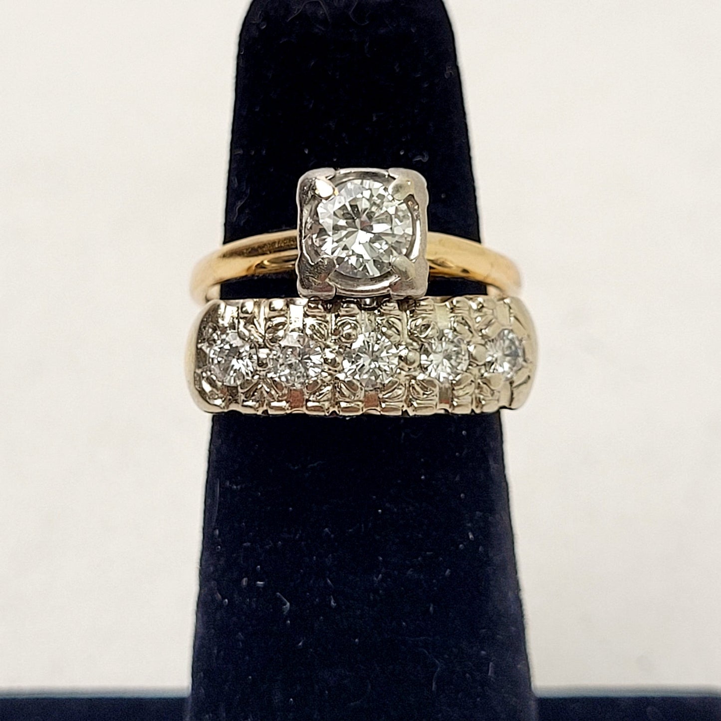 Vintage 14K Yellow & White Gold 5mm Round Diamond Engagement & Wedding Ring Set