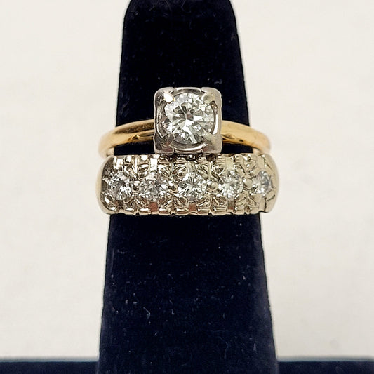 Vintage 14K Yellow & White Gold 5mm Round Diamond Engagement & Wedding Ring Set