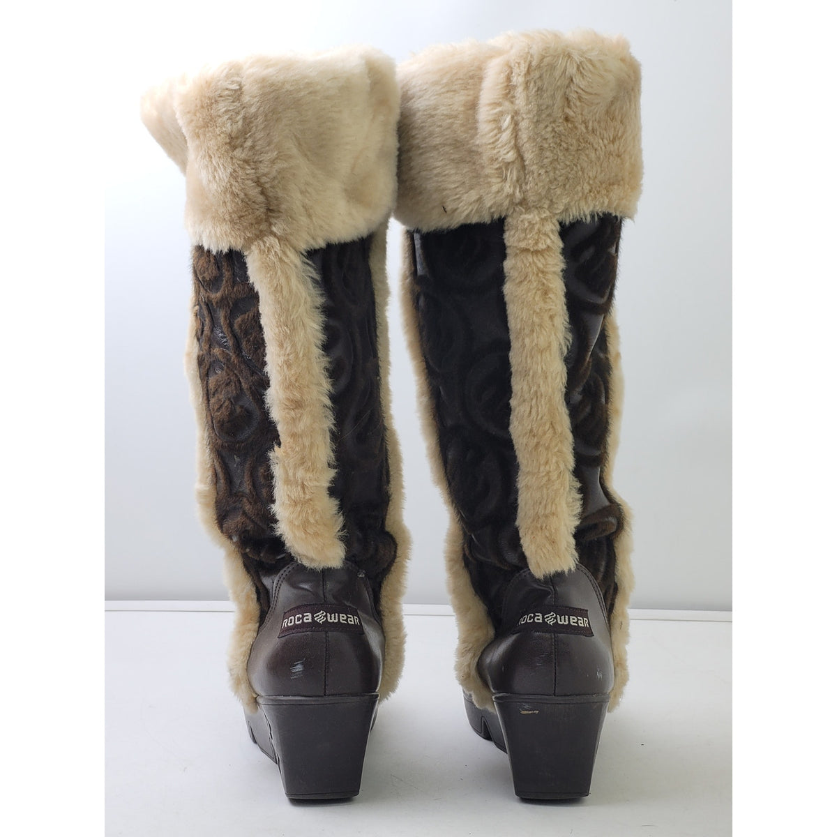 Vintage Y2K Rocawear Faux Fur Knee-High Brown Boots Wedge Heels Sz 8
