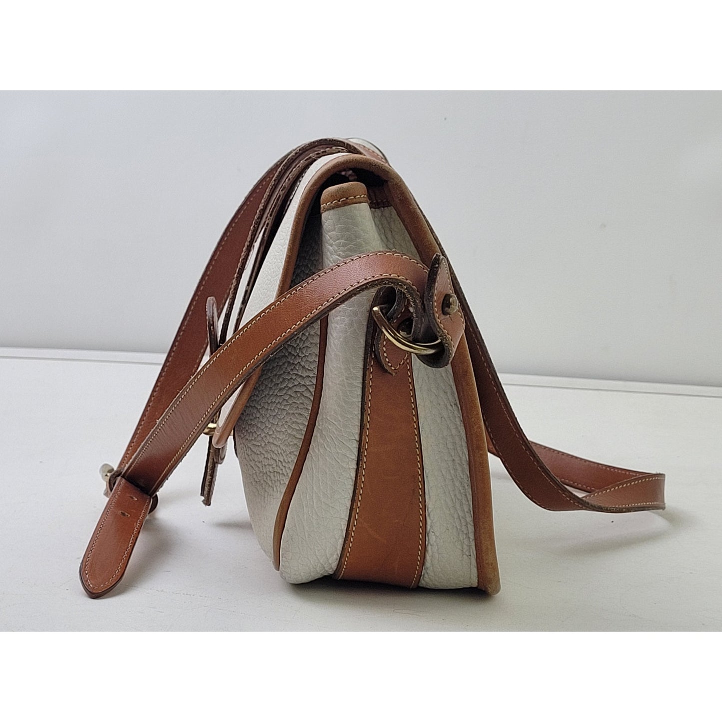 Vintage Dooney & Bourke Equestrian Crossbody Bag Pebbled White Brown Leather