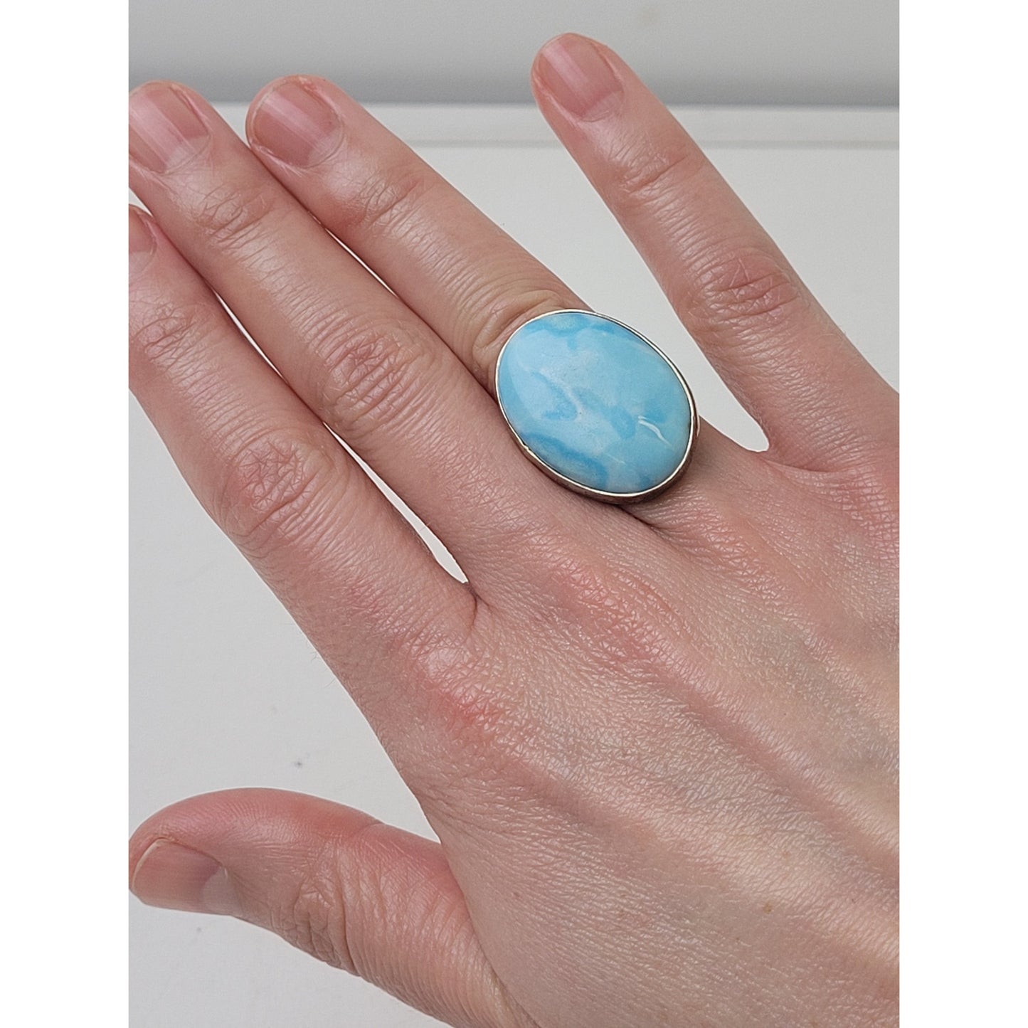 Sterling Silver Large Oval Larimar Gemstone Ring | Sz 6 1/4