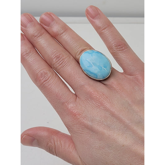 Sterling Silver Large Oval Larimar Gemstone Ring | Sz 6 1/4
