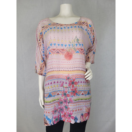 Johnny Was Elly Flair Aztec Geometric Floral Print Rayon Tunic Top Women's Sz S