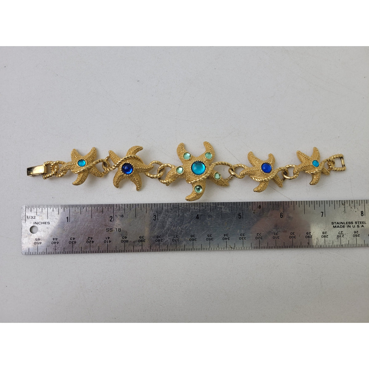 VTG 80s Trifari Gold-Tone Starfish Bracelet w Blue & Green Cabochon Stones EUC