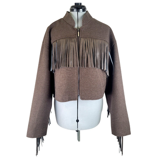 BLANK NYC Anthropologie Brown Cropped Fringe Bomber Jacket Women's Sz L NWT