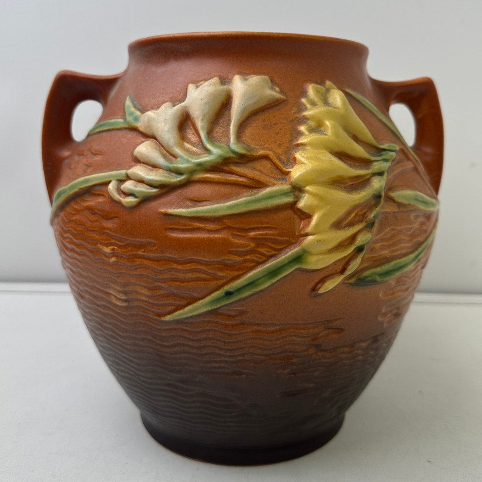 Vintage Roseville Freesia Art Orange Pottery Double-Handled Vase