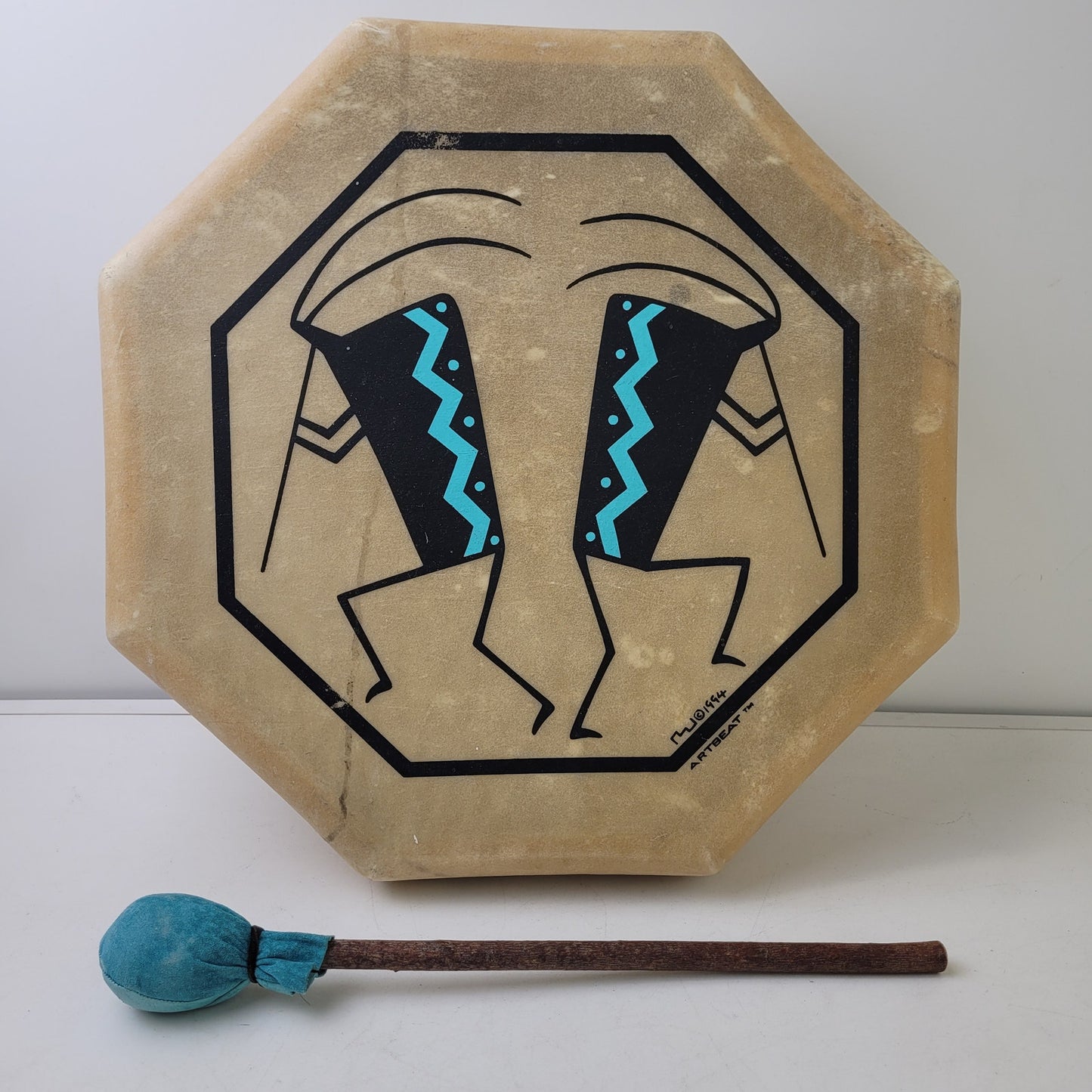 1994 Artbeat Octagonal Rawhide Drum ft. Kokopelli Native Figures 15.5" D