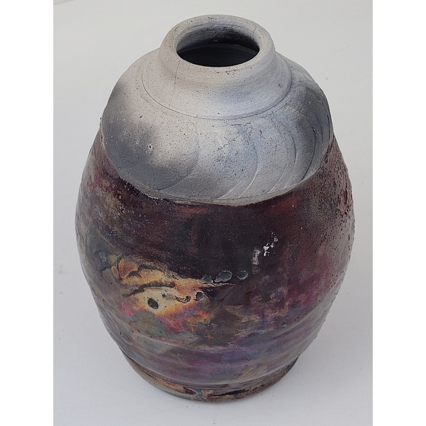 Raku Metallic Glaze Pottery Vase 8 1/4" Tall Unsigned