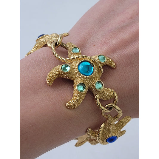 VTG 80s Trifari Gold-Tone Starfish Bracelet w Blue & Green Cabochon Stones EUC