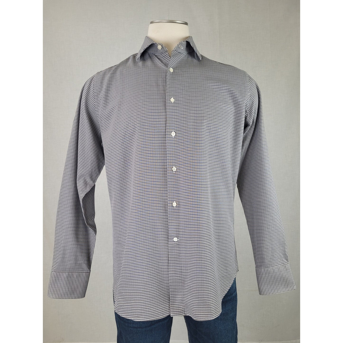 Canali Navy & Brown Houndstooth Pattern Italian Dress Shirt Men's Sz 42 16-1/2