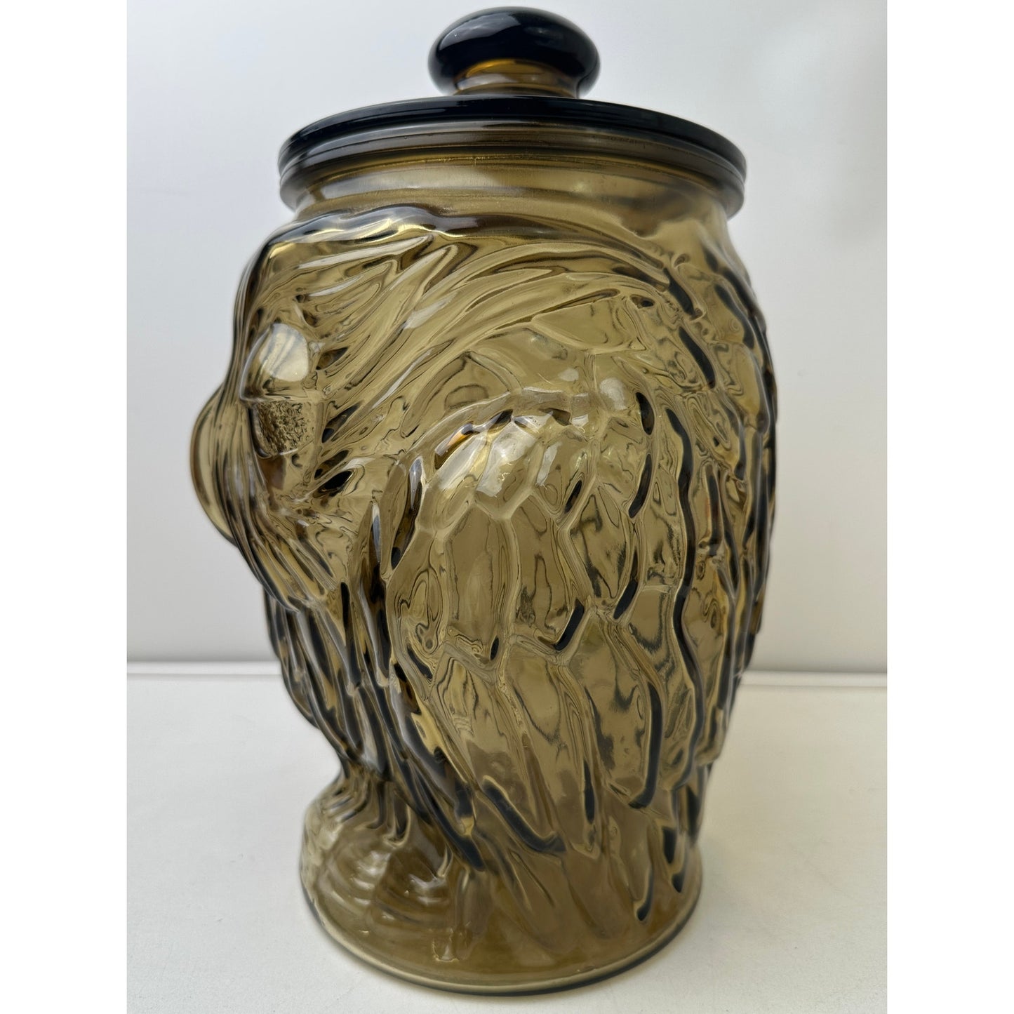 Vintage 70s Libbey Smoked Brown Glass Wise Owl Cookie Jar
