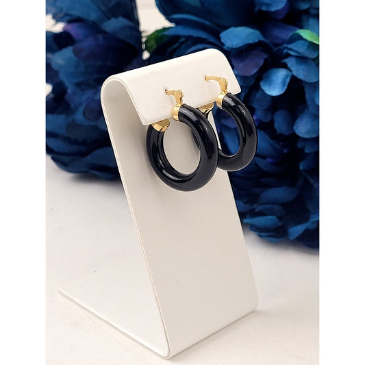 14K Yellow Gold Onyx Hoop Earrings 1" Diameter 6.29 Grams