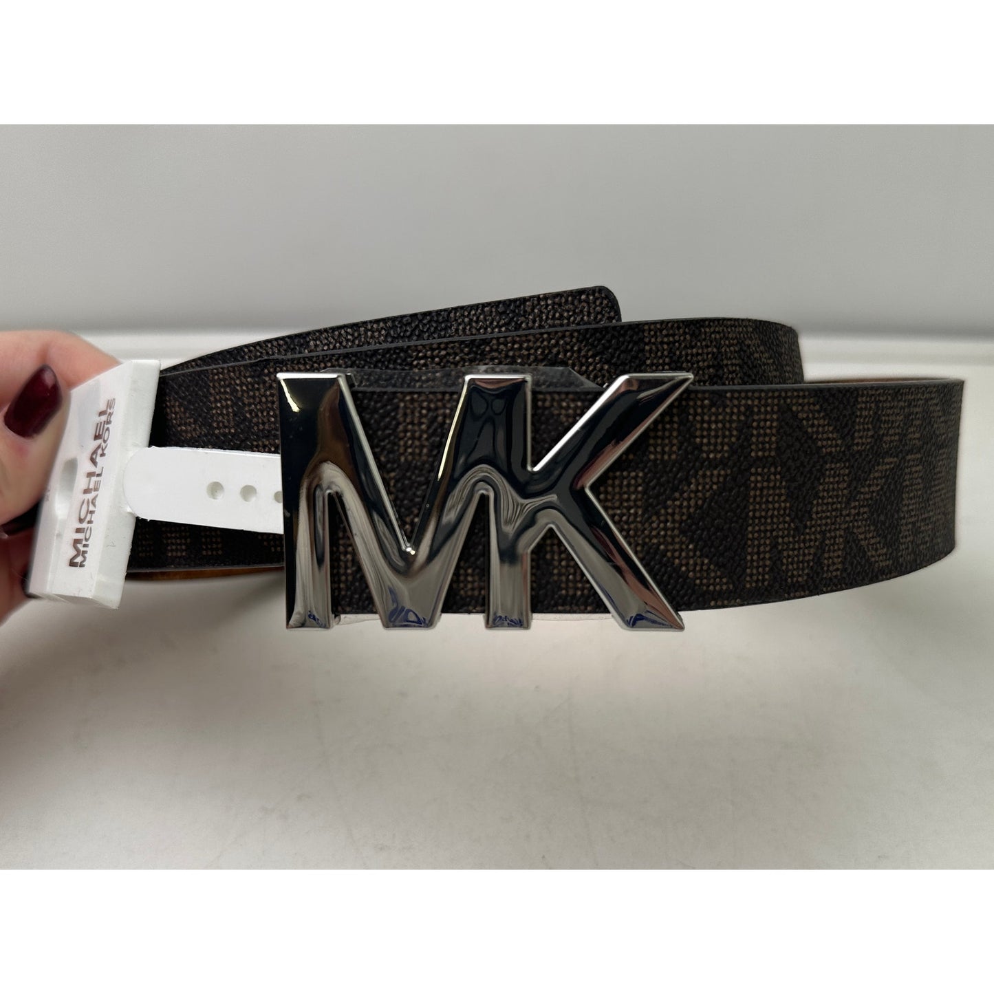 Michael Kors Brown Signature Logo Monogram Belt W/ Silver Tone MK Buckle Women's Sz XL NWT