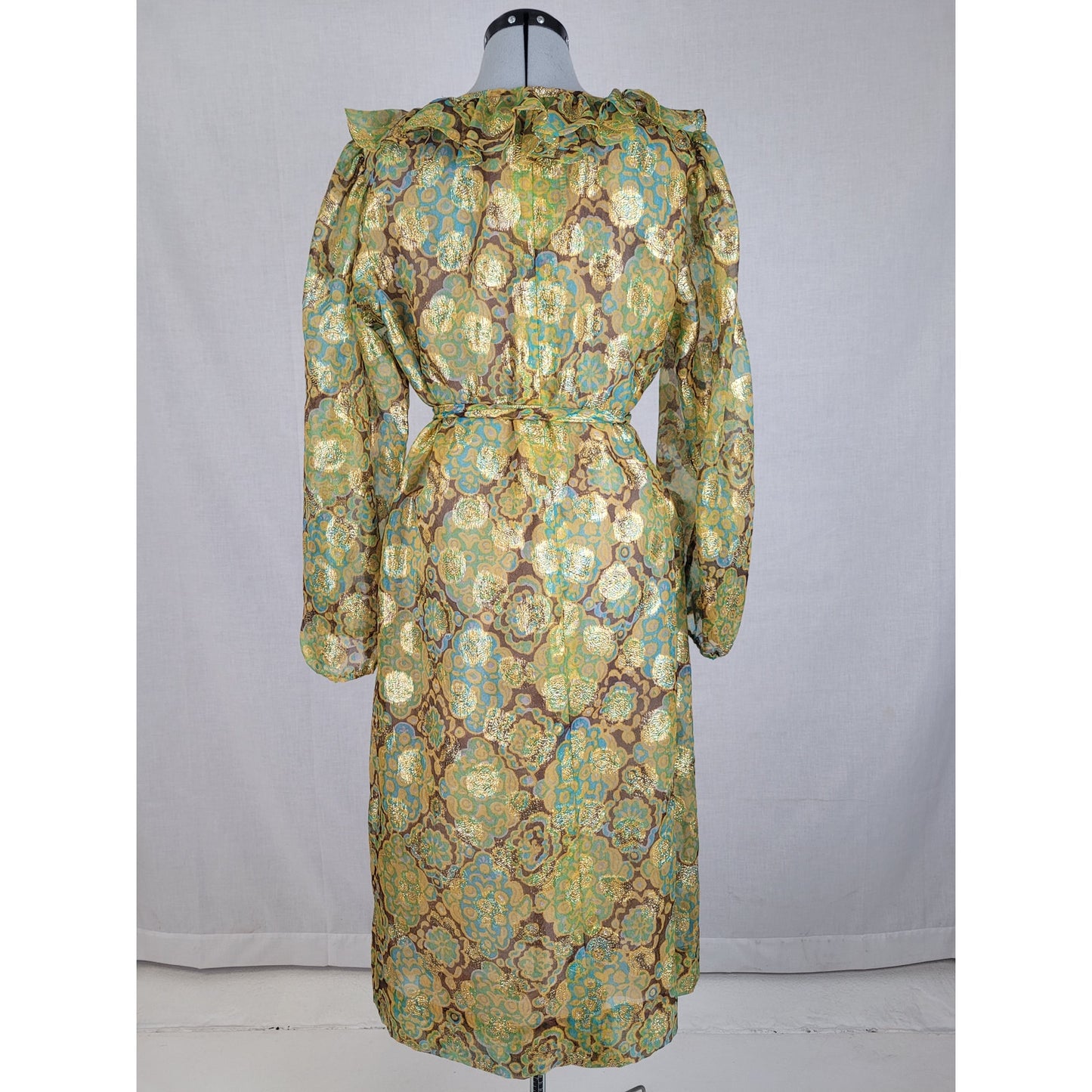 Vintage 1960-70s Adele Simpson Sheer Dress Metallic Fabric Belted Sz S/M
