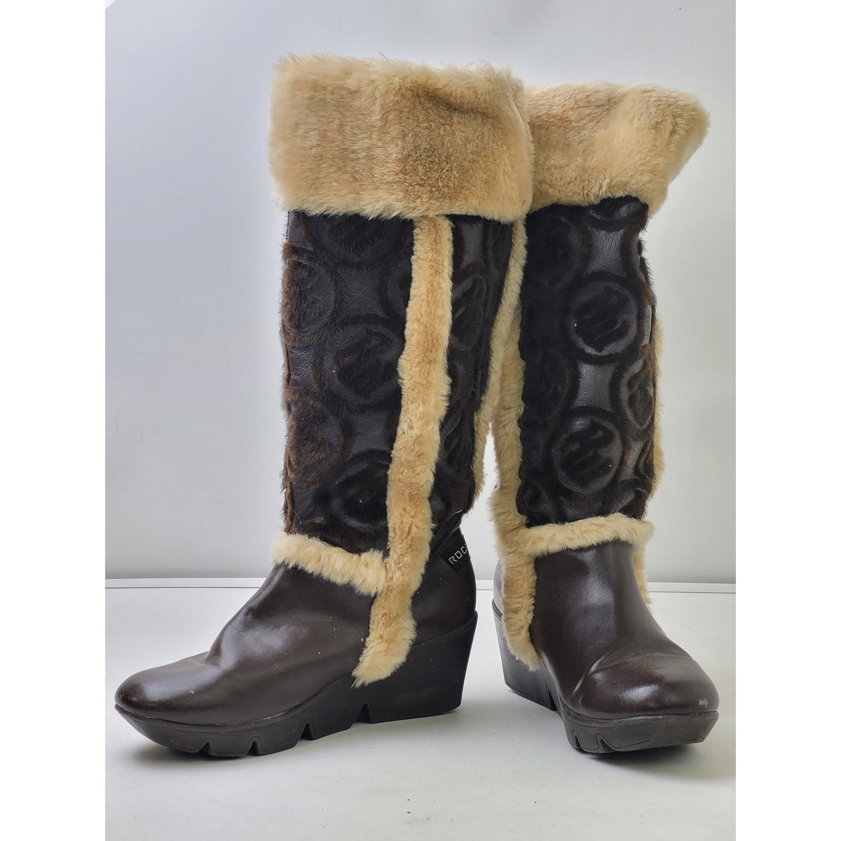 Vintage Y2K Rocawear Faux Fur Knee-High Brown Boots Wedge Heels Sz 8