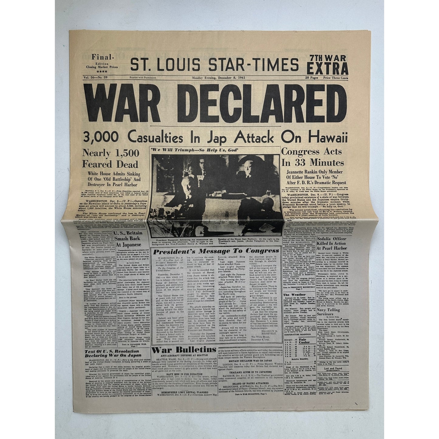 Vintage St. Louis Star-Times December 8, 1941 WWII Pearl Harbor War Declared Newspaper