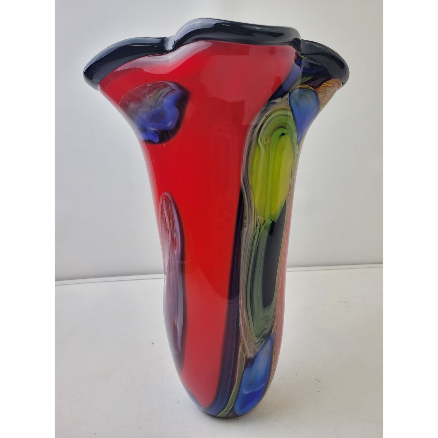 VTG Hand-Blown Murano Glass Handkerchief Vase Vibrant Red Multicolor 13.5" Tall