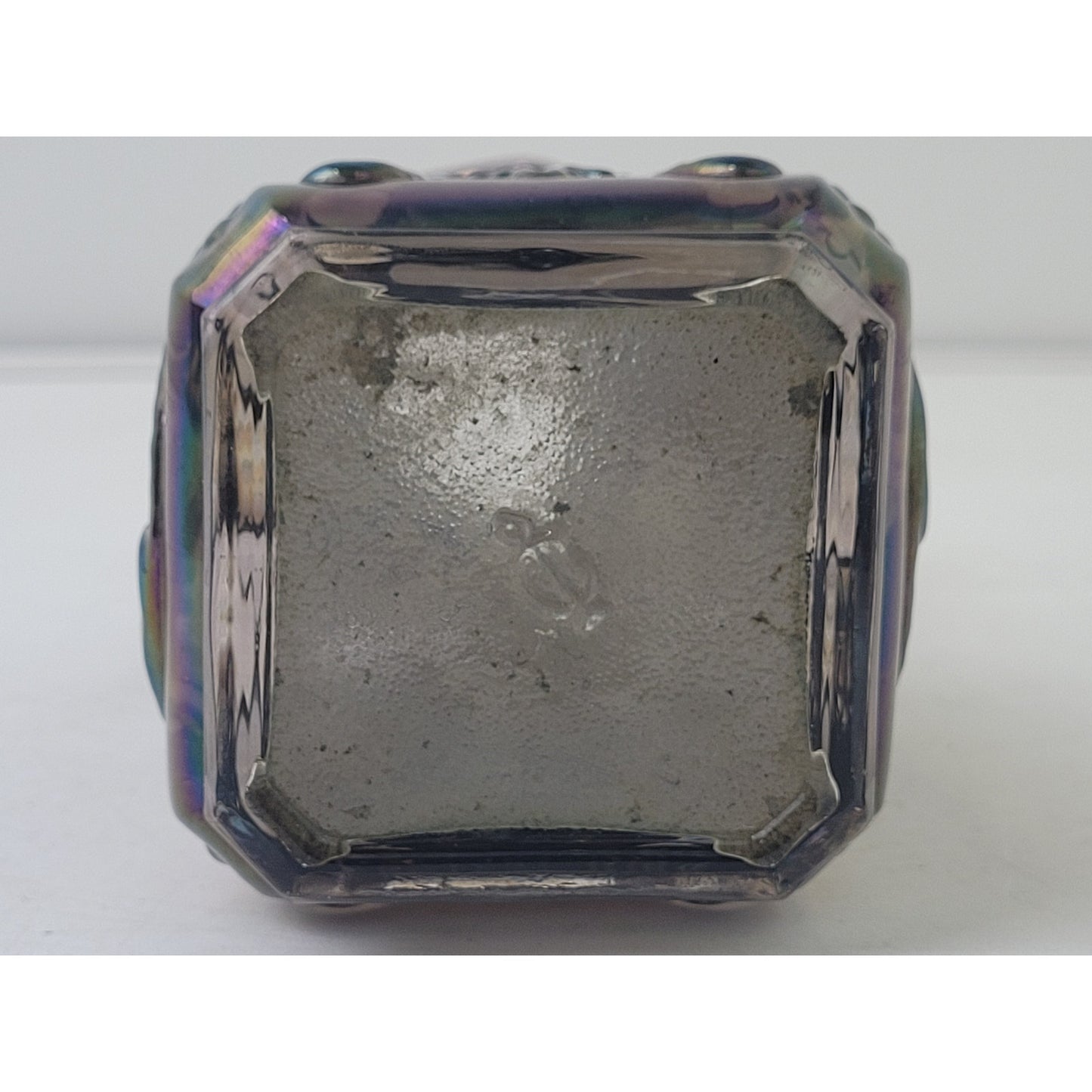 Vintage Amethyst Carnival Glass Jester & Rose Pattern Square Vase EUC