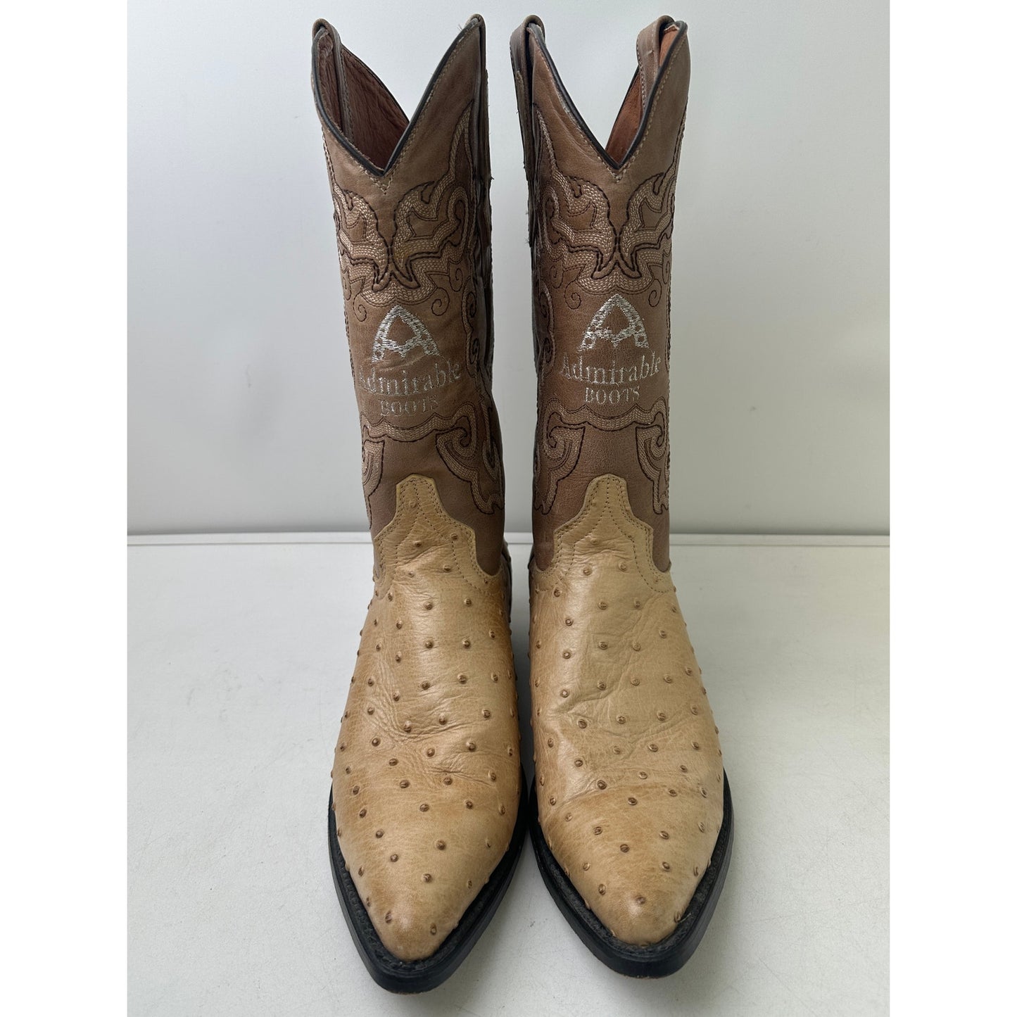 Admirable Handcrafted Ostrich Print Leather J-Toe Cowboy Boots Men's Sz 10