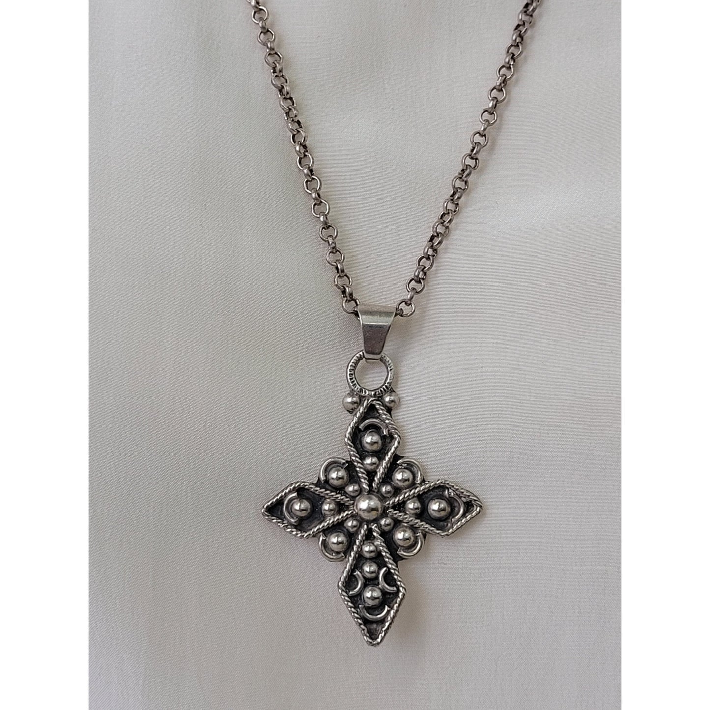 Vintage Sterling Silver Cross Pendant on 24" 925 Rolo Chain | Made in Mexico