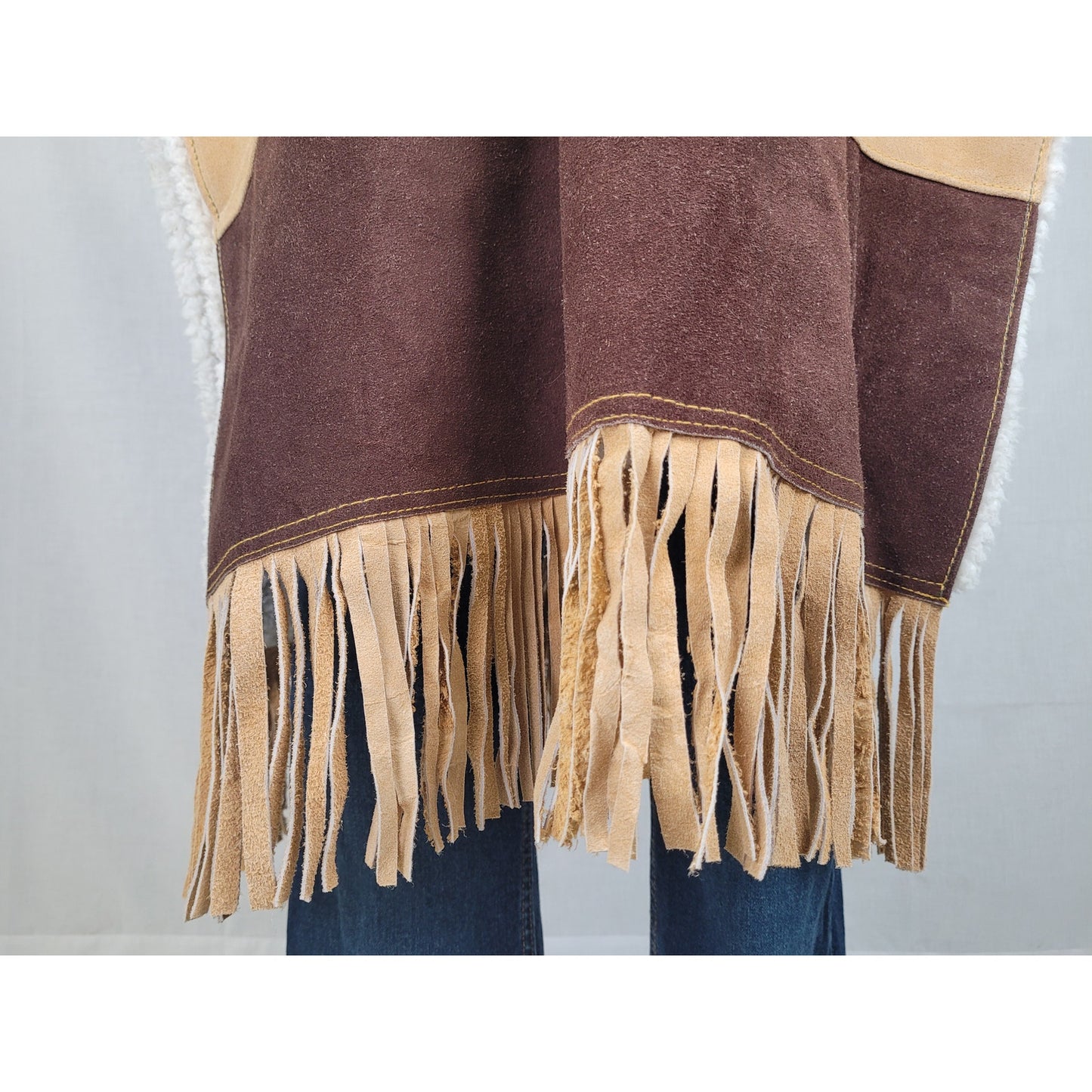 Mexican-made Western-style Leather Poncho w Fringe Cowboy and Horse Design