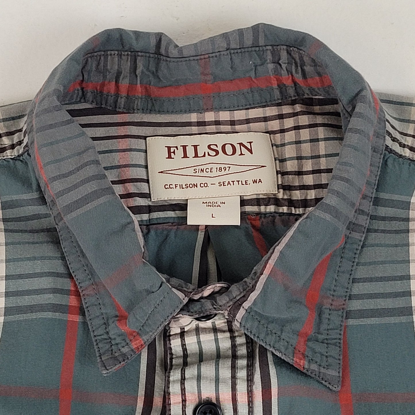Filson Washed Feather Cloth Shirt | Sage Green & Red Plaid | Men's Sz L
