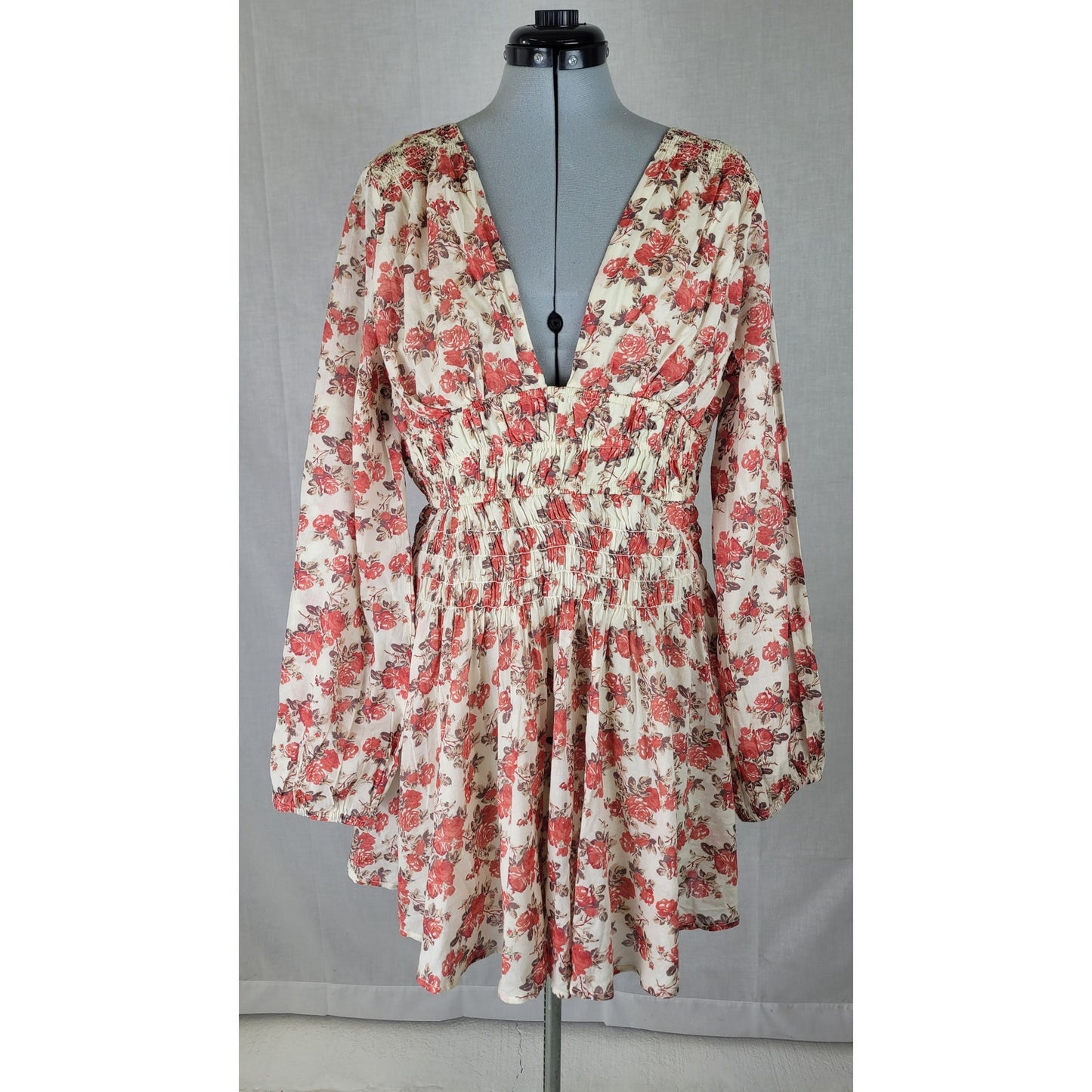 Free People Keep You Mini Dress Red Floral Print Plunging V-neckline Sz L NWT