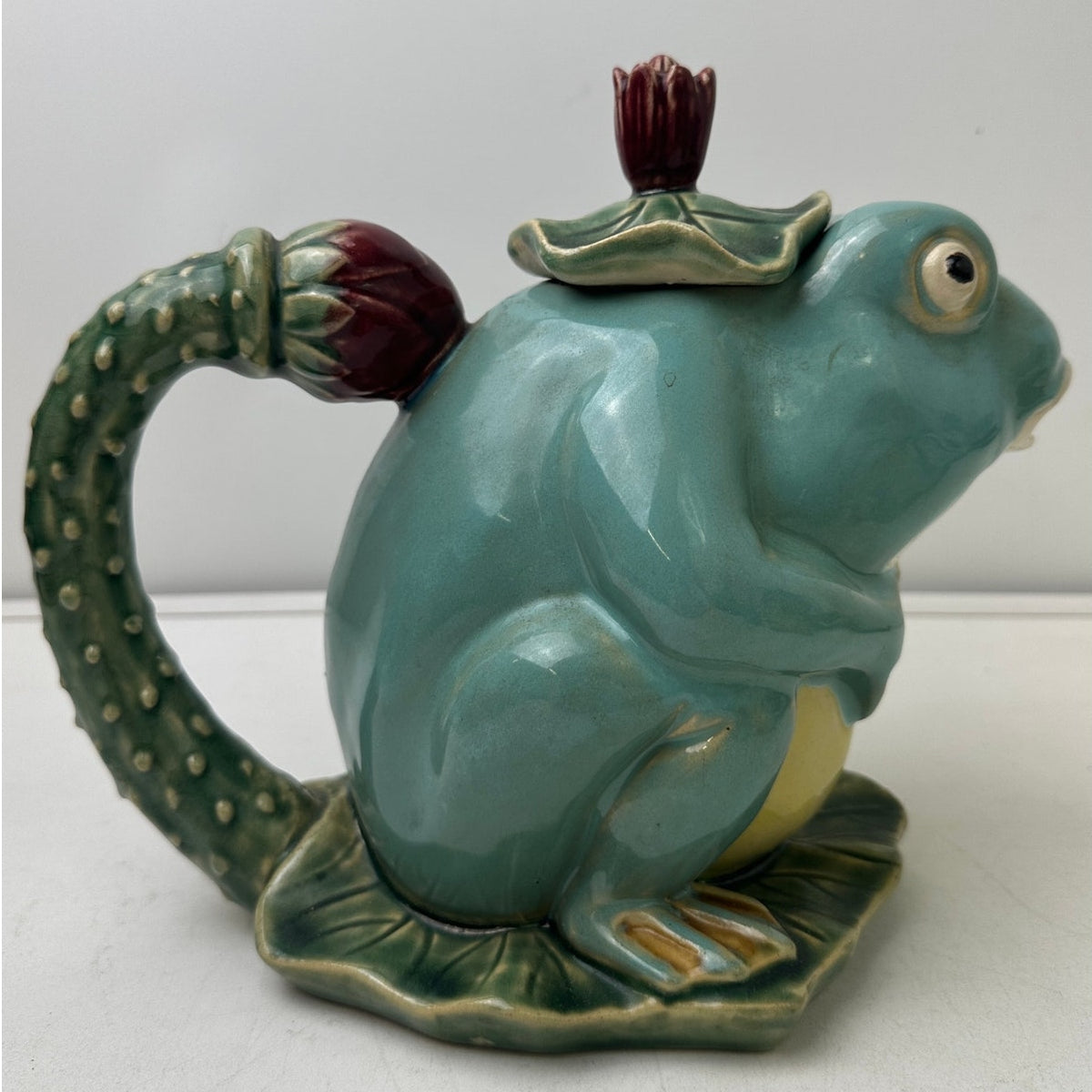 Vintage Henrikson Imports Majolica Frog Teapot, Creamer, & Sugar Bowl 3 Pc Set