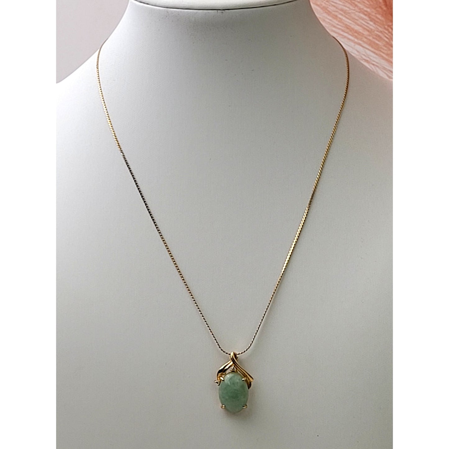 14K Yellow Gold Jade & Diamond Pendant on Flat Twisted Cable Chain Necklace