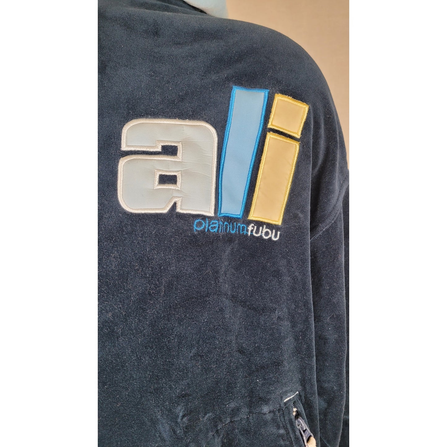 Vintage Platinum Fubu Muhammad Ali Tracksuit Set Navy Blue Velour Men's Sz L