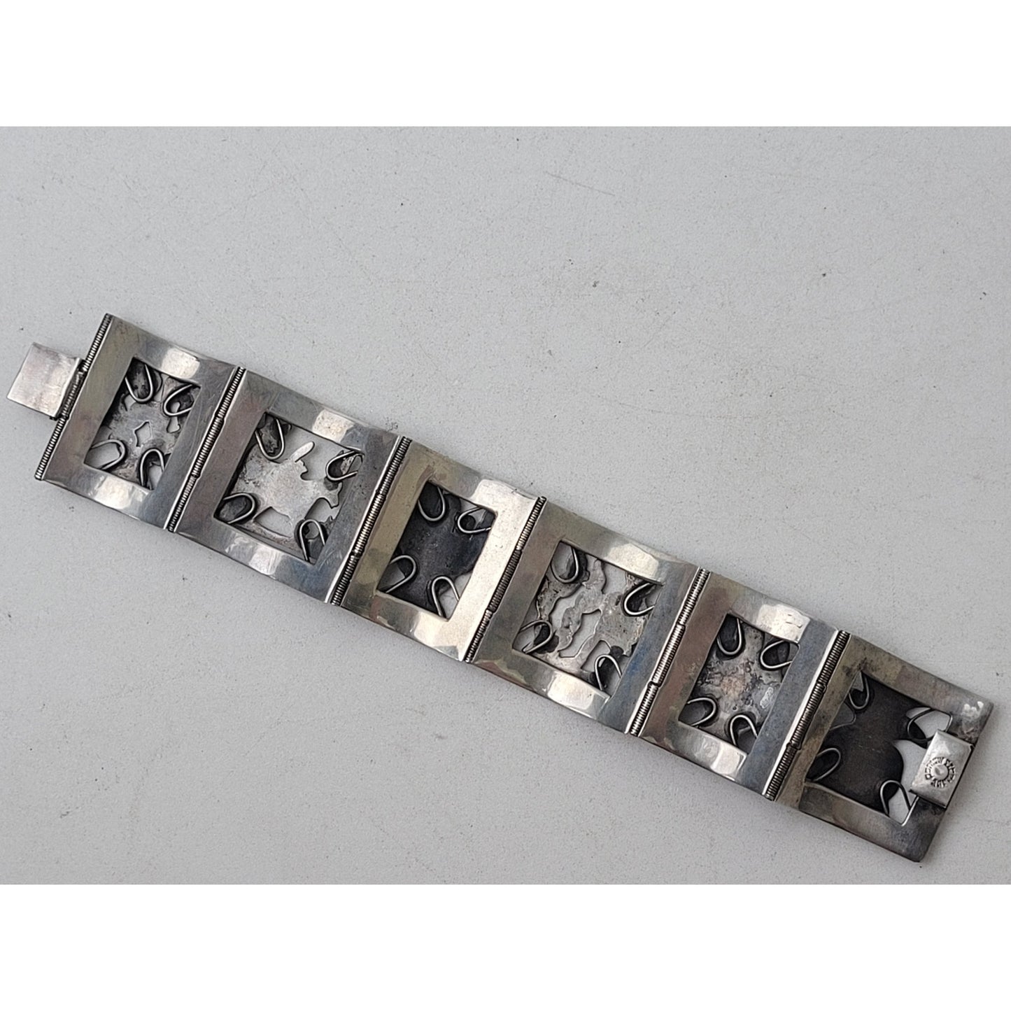 Vintage 1940s Mexican Sterling Silver Panel Bracelet in Original Box