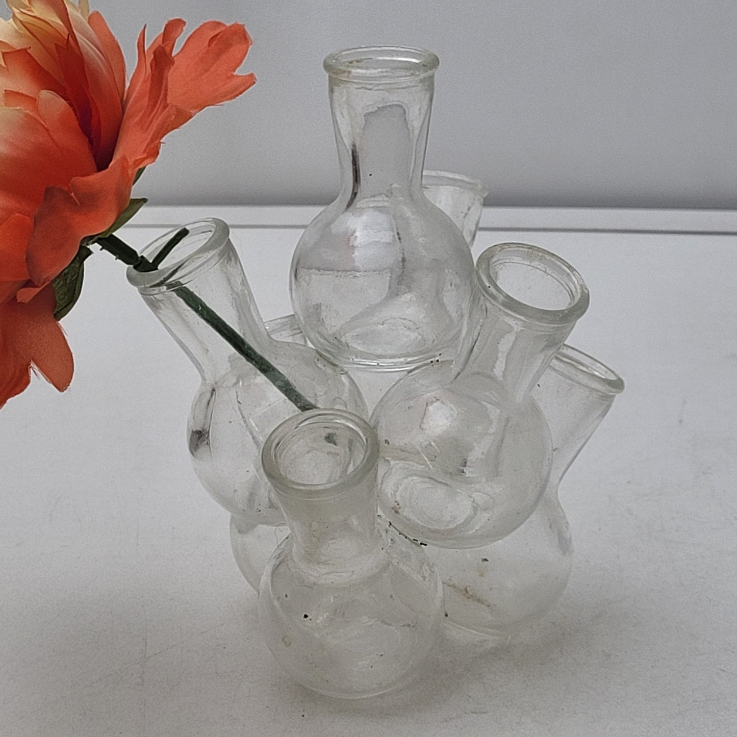 Vintage MCM Bud Vase Cluster 2-Piece Clear Glass 25 Mini Vases