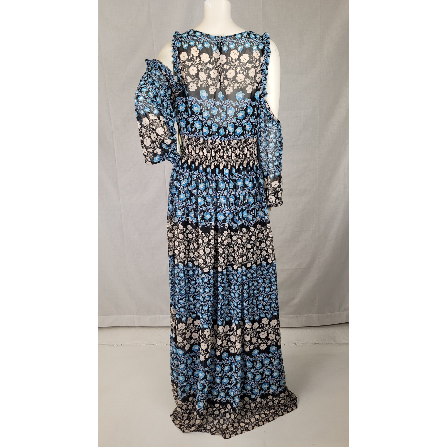 Eliza J Patterned Blue Beige Maxi Dress w Cold-Shoulder Detailing Women's Sz 14