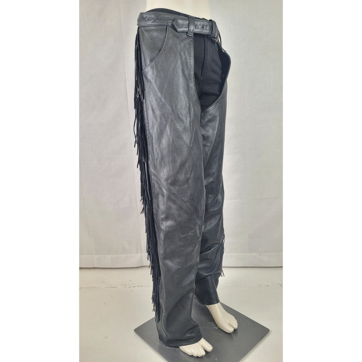 VTG Harley-Davidson Fringe Black Leather Motorcycle Riding Chaps Women's Sz L