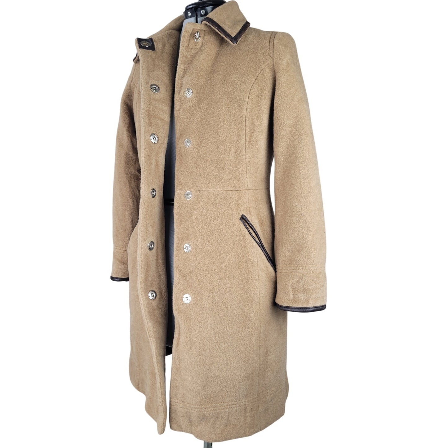 Coach Tan Mohair/Wool Brown Leather Trim Overcoat Sz XS