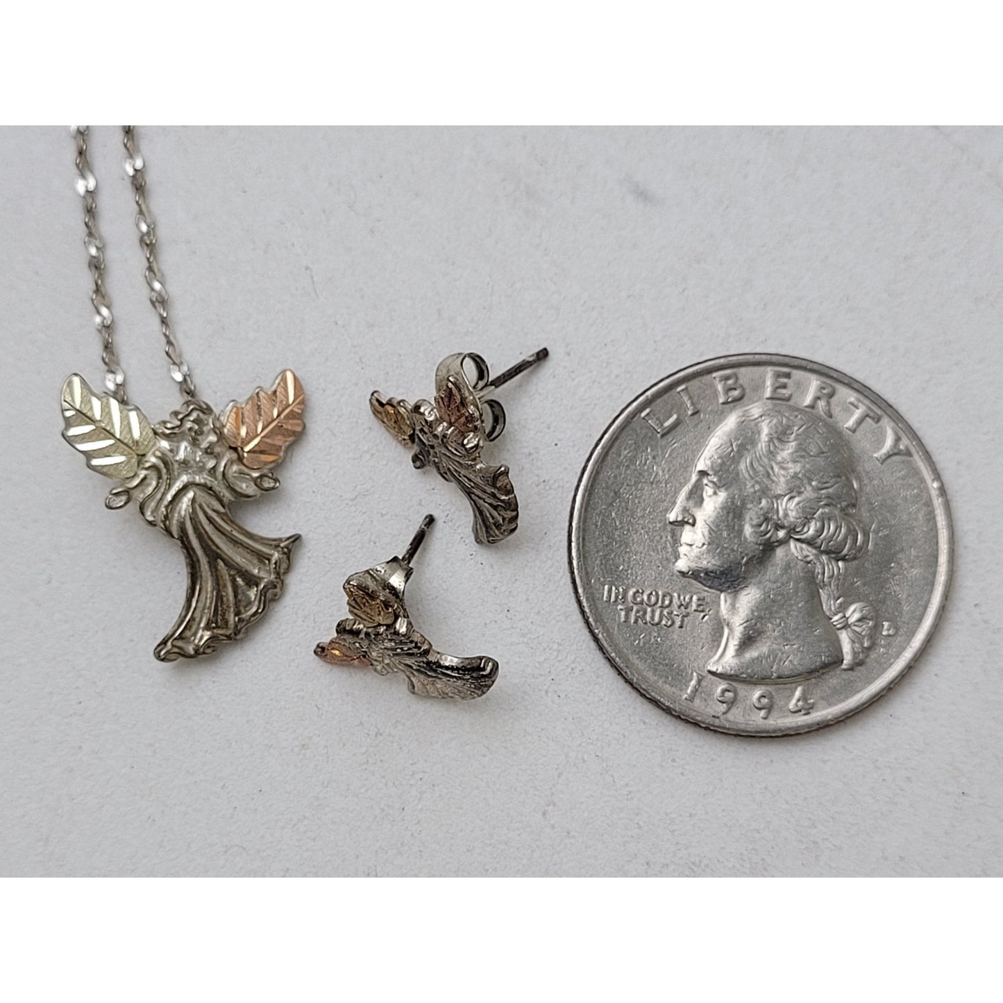 12K Black Hills Gold & Sterling Silver Angel Pendant Necklace and Matching Studs