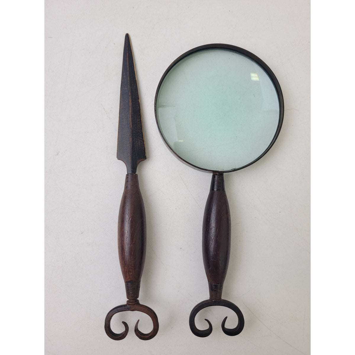 Vintage Metal & Wood Letter Opener Magnifying Glass Set in Wooden Box