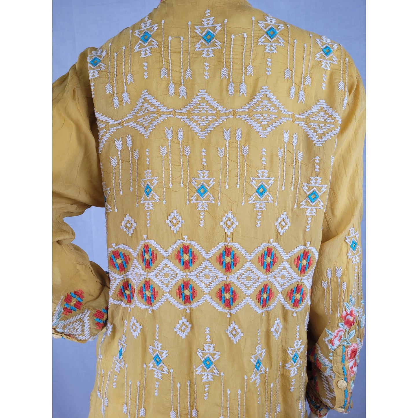 Johnny Was Donya Top Featuring Intricate Embroidery Detail & Tie-Front Sz M