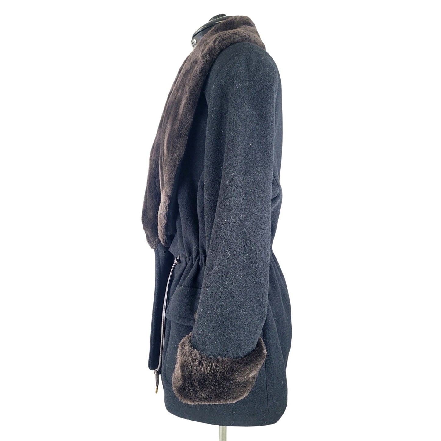 Vintage Anne Klein II Black Wool Faux Fur Trim Coat Women's Sz M