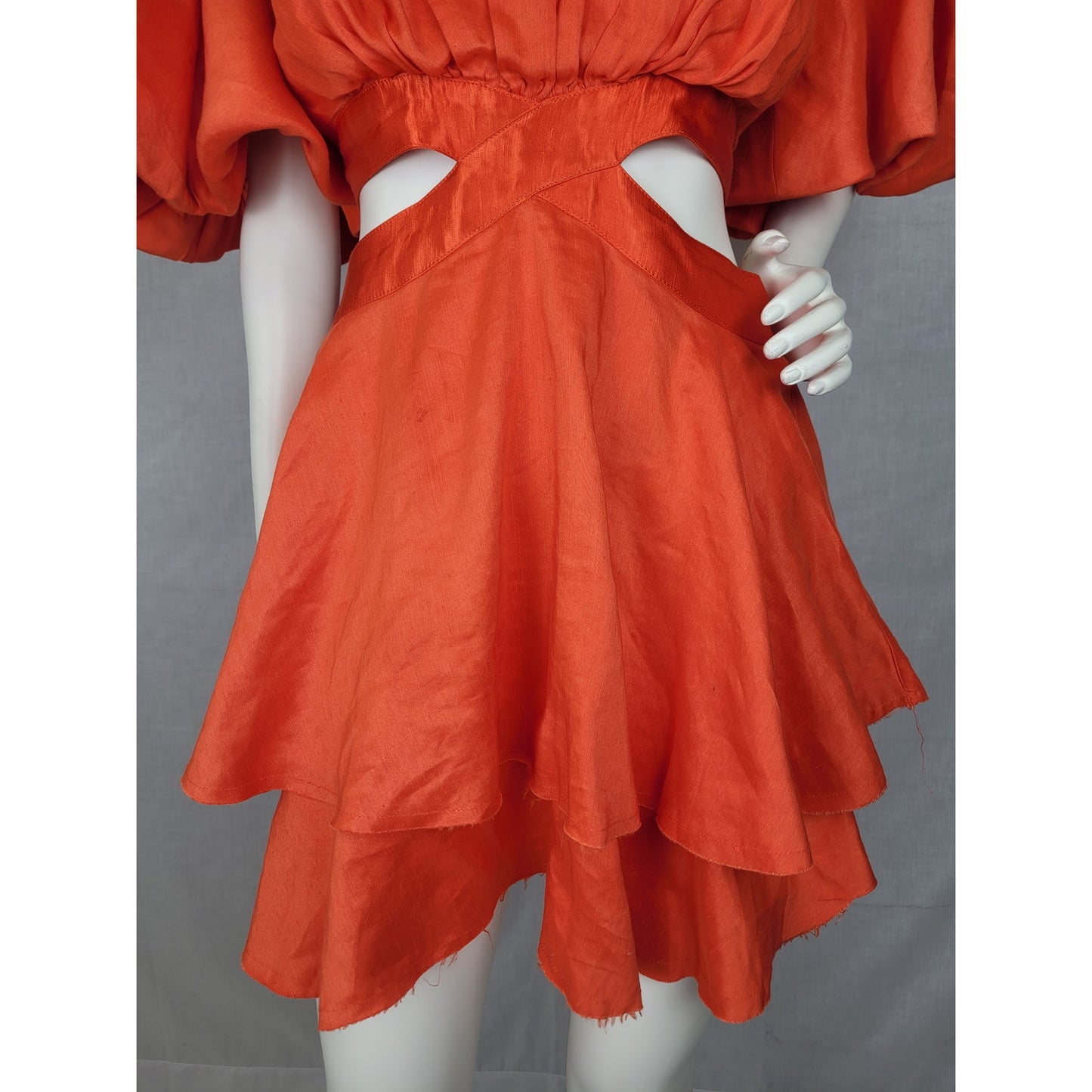 Aje Gracious Cut-Out Mini Dress Raw Cut Hem Voluminous Sleeves Women's Sz 6