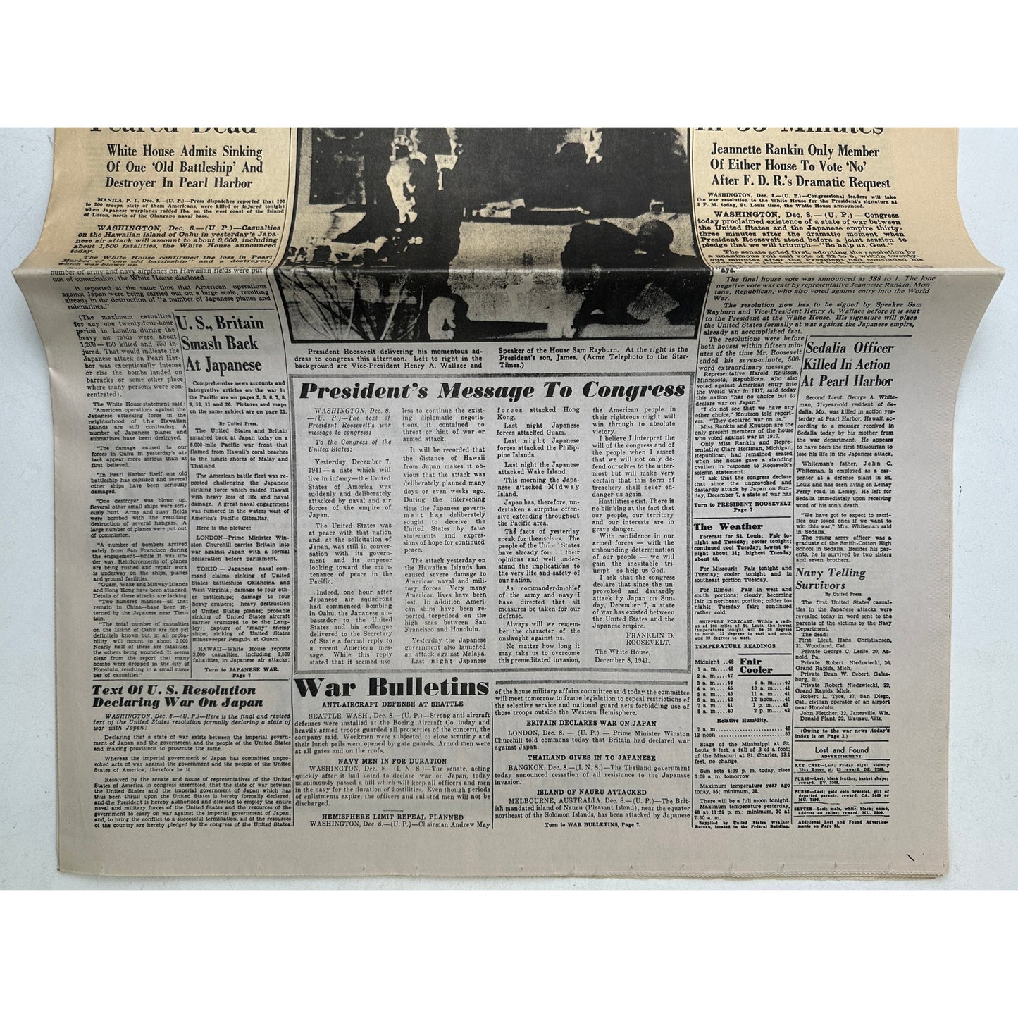 Vintage St. Louis Star-Times December 8, 1941 WWII Pearl Harbor War Declared Newspaper