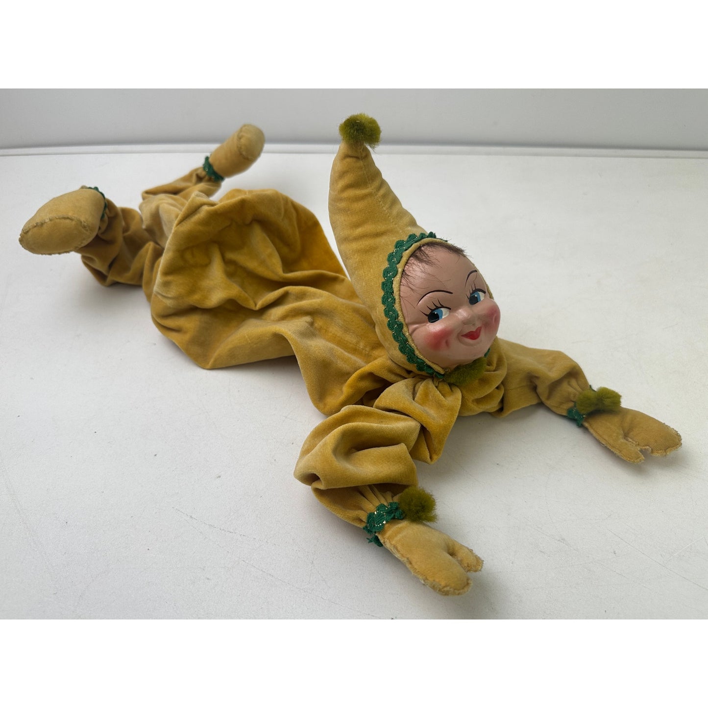 Vintage Yellow Velvet Posable Pixie Jester Boudoir Doll