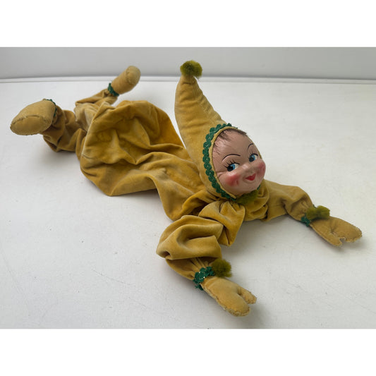 Vintage Yellow Velvet Posable Pixie Jester Boudoir Doll
