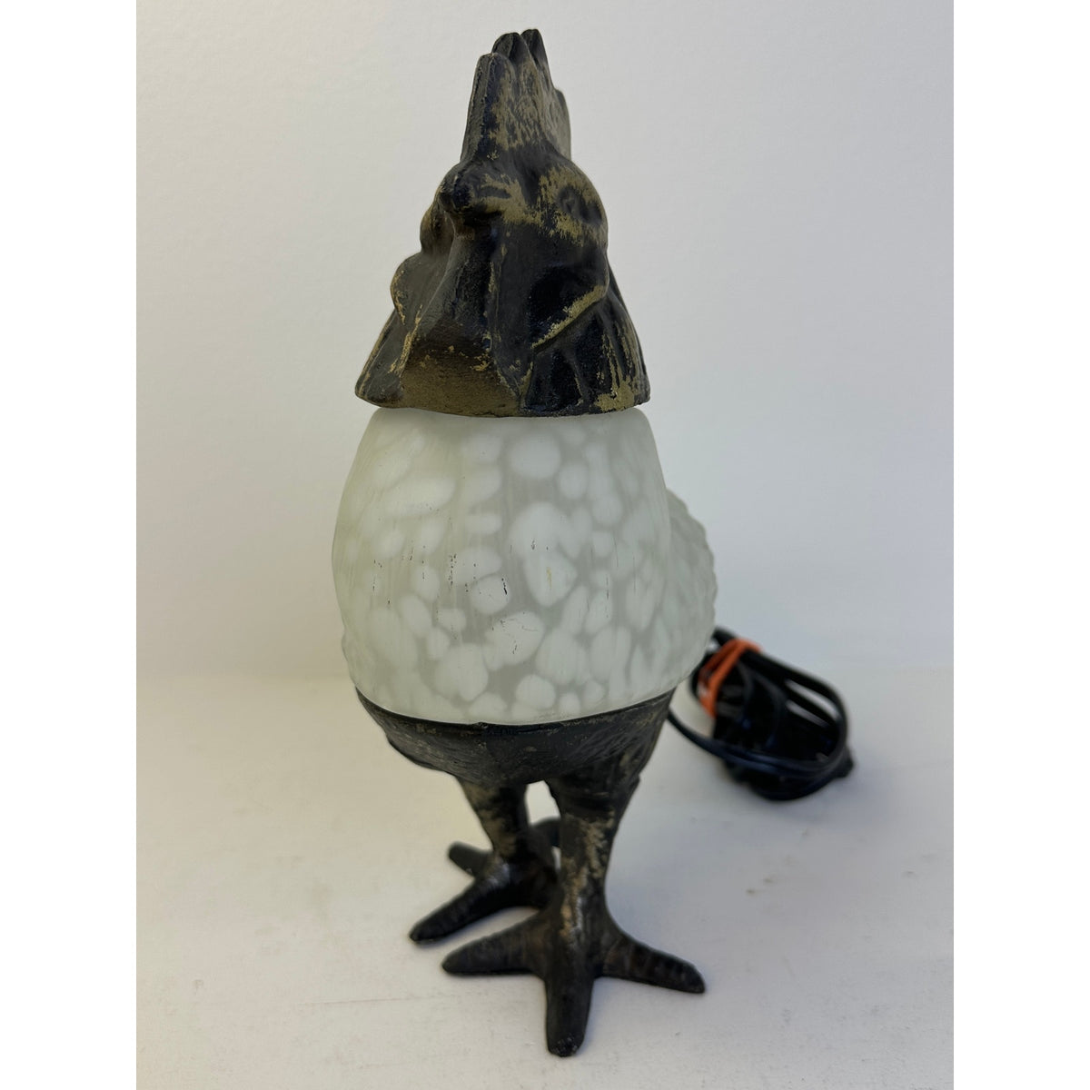 Vintage Metal and Frosted Slag Glass Rooster Accent Lamp