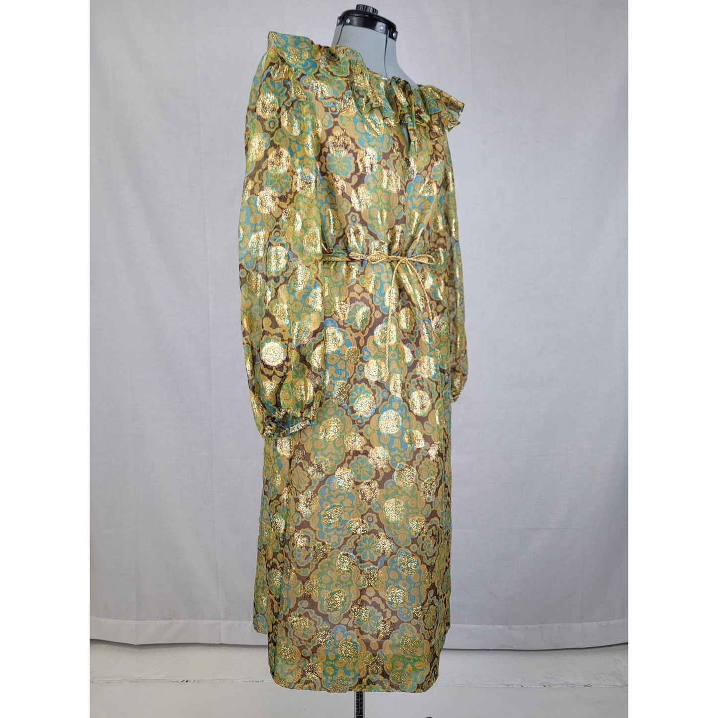 Vintage 1960-70s Adele Simpson Sheer Dress Metallic Fabric Belted Sz S/M
